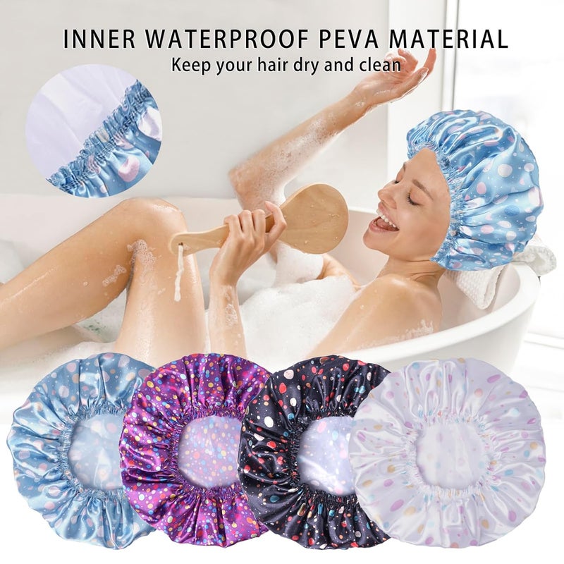 CHFONG Shower Caps for Women, 4 PCS Elastic and Reusable Bath Caps, Double Layers Shower Cap Reusable Waterproof, Bathing Shower Caps, Environmental Bath Hair Protection Cap - Polka Dots - Image 3